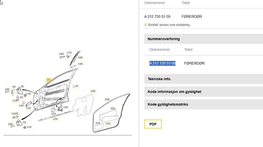 Dør venstre foran til Mercedes E-Klasse, 2009-2013 (Fase 1) (W212) (W212) (MERCEDES|A 212 720 01 05)