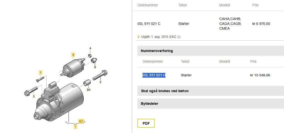 Starter diesel til Audi A5, 2007-2016 (Type I)  (AUDI|03L 911 021 C)