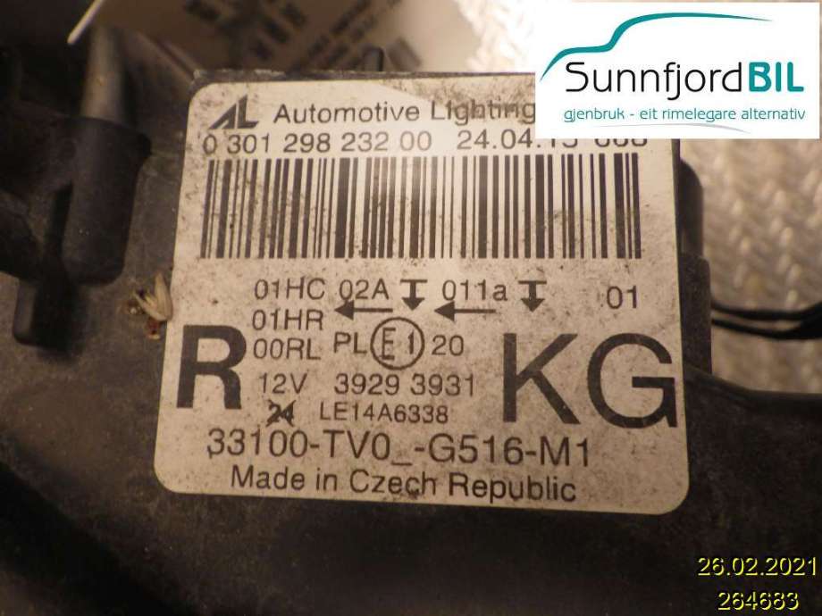 Frontlykt høyre halogen til Honda Civic 2012-2015 (Type IX, Fase 1)  (HONDA|33100TV0G41||33100TVG516M!)