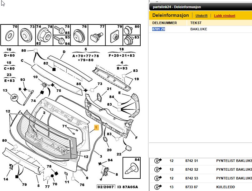 Bakluke til Peugeot 4007 2007-2012  (PEUGEOT|8701 Z0|)