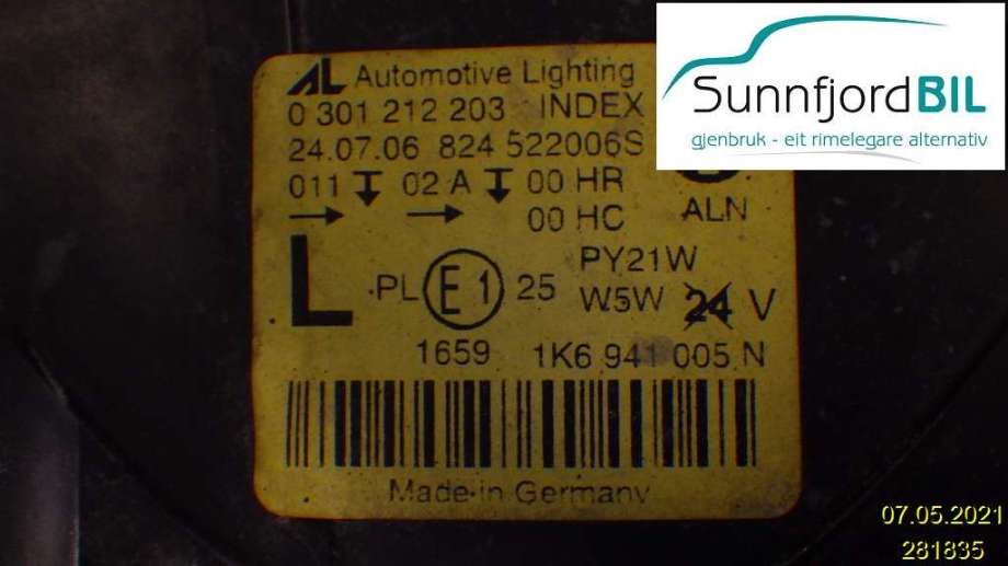 Frontlykt venstre halogen til VW Golf V, Combi 2003-2008  (VOLKSWAGEN|1K6941005N||1K6 941 005 N)