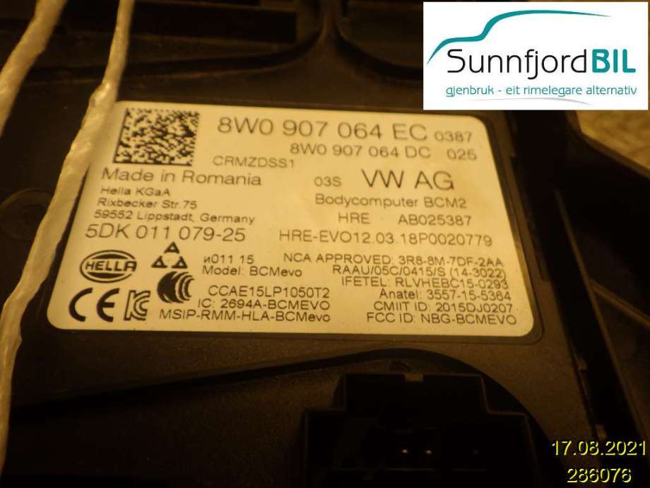 Styreenhet comfort (BCM) til Audi A4, Allroad 2016-->> (Type II) (B9) (B9) (AUDI|8W0907064EC|)
