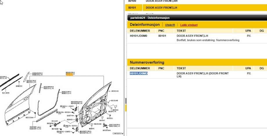 Dør venstre foran til Nissan Qashqai 2007-2010 (Type I, Fase 1)  (NISSAN|H0101JD0M0|H0101JD0MD|)