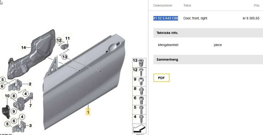 Dør høyre foran til BMW 4-Serie 2013-2020 (F32/F33/F36) (F32/F33/F36) (BMW|41 52 5 A43 C88|)