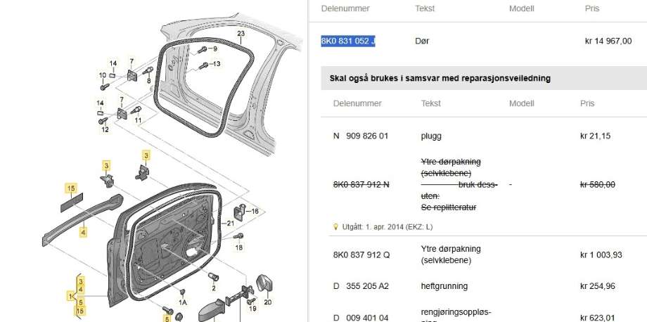 Dør høyre foran til Audi A4 2007-2014 (Type IV) (B8) (B8) (AUDI|8K0 831 052 J|)