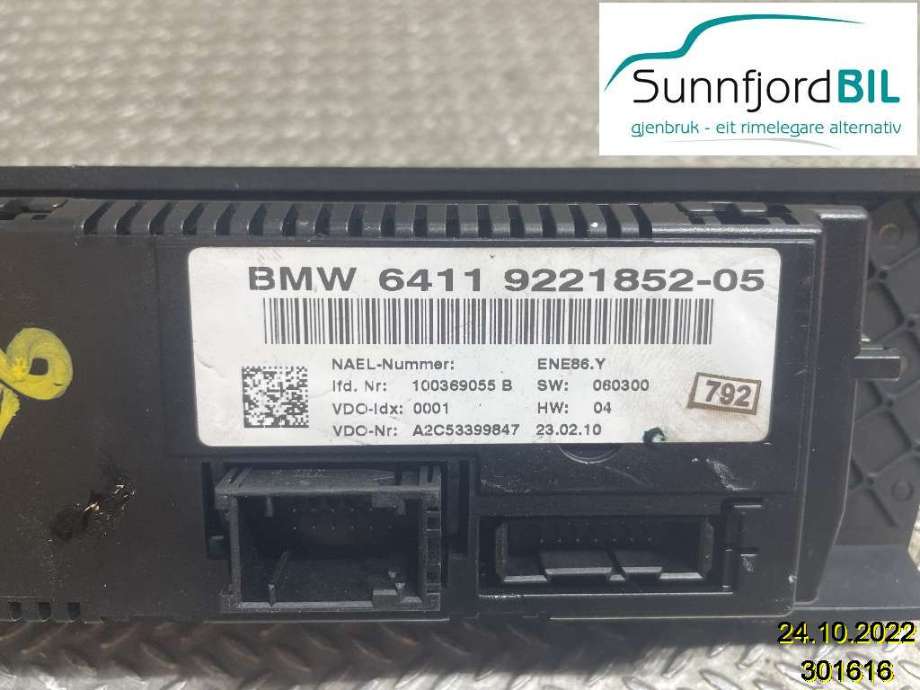 Varmeapparat betjening til BMW 3-Serie 2005-2011 (E90/E91/E92/E93) (E90/E91/E92/E93) (BMW|64119292262|6411922185205|)