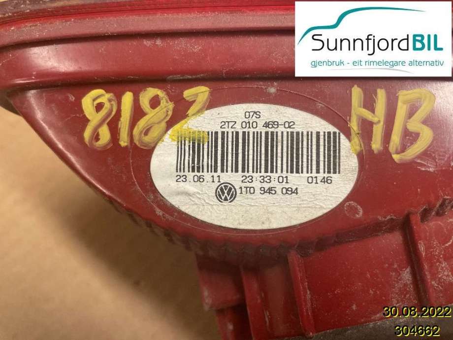 Baklykt høyre indre til VW Touran 2010-2015 (Type I, Fase 3) (VOLKSWAGEN|1T0945094|)