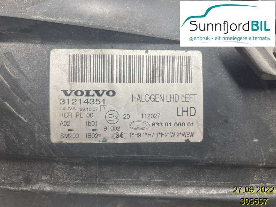 Frontlykt venstre halogen til Volvo V70 2007-2013 (Type III, Fase 1) (VOLVO|31214351|)