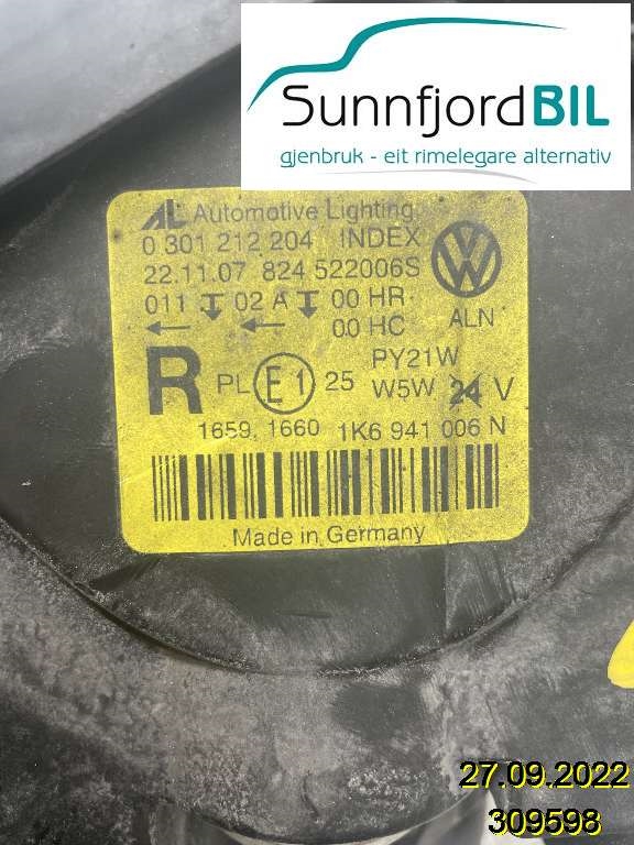 Frontlykt høyre halogen til VW Golf V, Combi 2003-2008 (VOLKSWAGEN|1K6 941 030 P||1K6941006N)