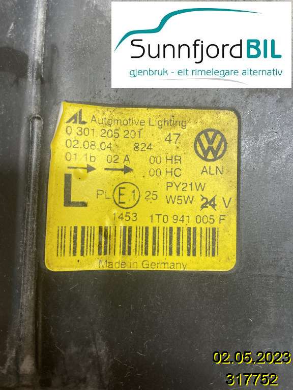 Frontlykt venstre halogen til VW Touran 2003-2006 (Type I, Fase 1)  (VOLKSWAGEN|1T0941005R|0301205201|)