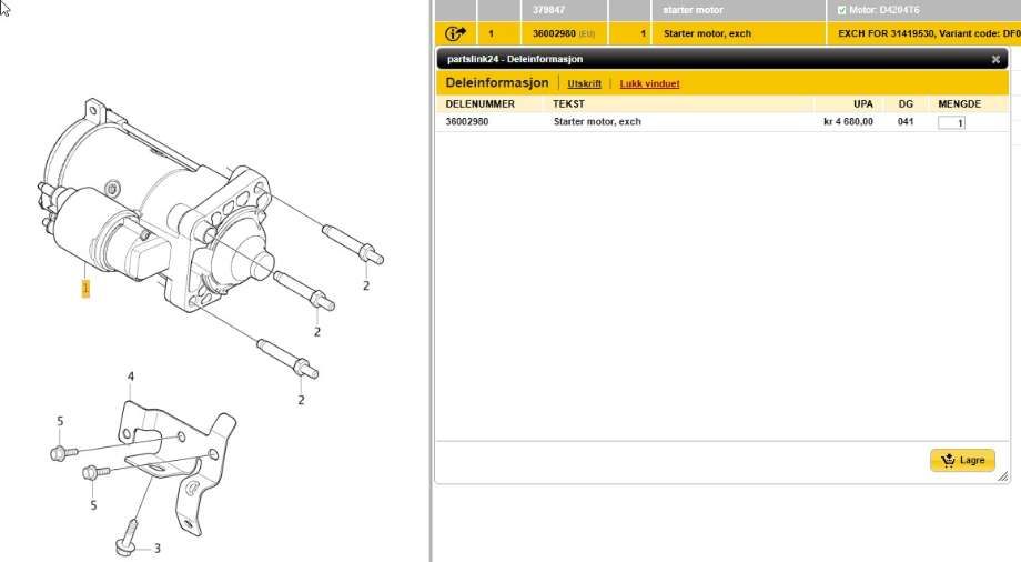 Starter diesel til Volvo XC90, 2015-2025 (Type II)  (VOLVO|36002980)