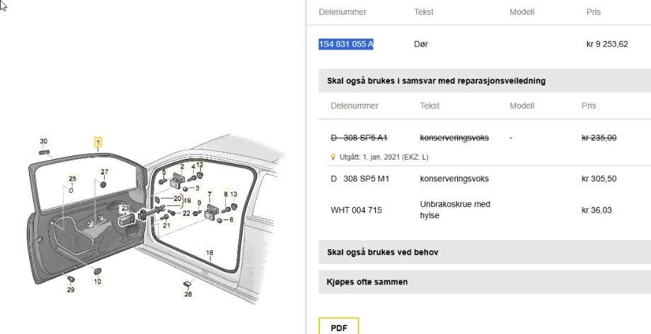 Dør venstre foran til VW E-Up 2013-2019  (VOLKSWAGEN|1S4 831 055 A|)