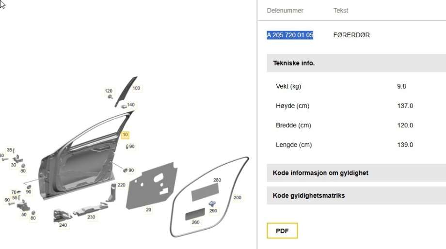Dør venstre foran til Mercedes C-Klasse 2014-2018 (Fase 1) (W205) (W205) (MERCEDES|A 205 720 01 05|)