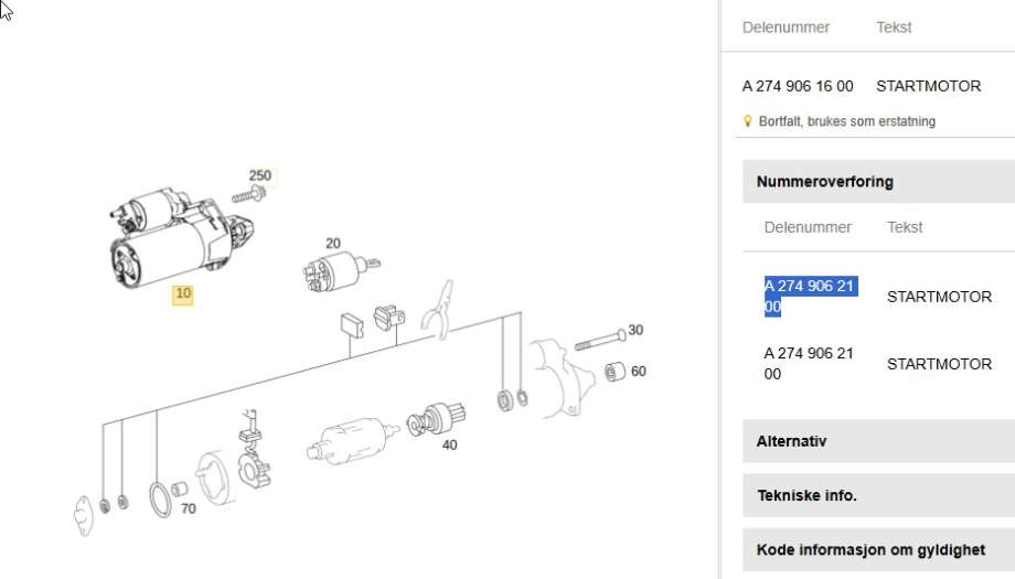 Starter diesel til Mercedes C-Klasse, 2014-2018 (Fase 1) (W205) (W205) (MERCEDES|A 274 906 21 00)