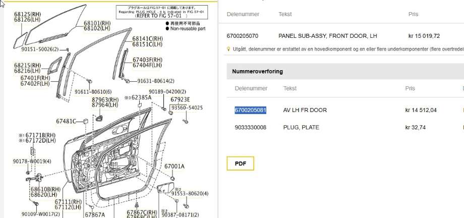 Dør venstre foran til Toyota Avensis 2009-2015 (Type III, Fase 1)  (TOYOTA|6700205070|6700205081|)