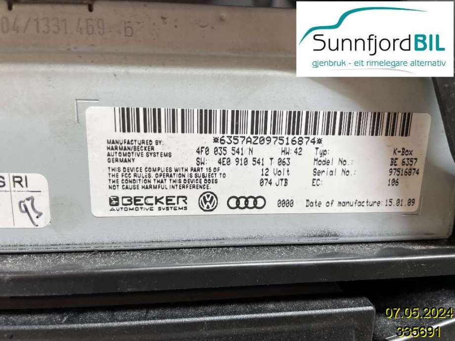 Bilstereo diverse til Audi A4 2007-2014 (Type IV) (B8) (B8) (AUDI|4F0035541N|)