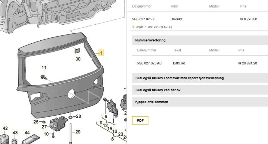 Bakluke combi til VW e-Golf 2017-2020 (Fase 2)  (VOLKSWAGEN|5G6 827 025 K|5G6 827 025 AB|)