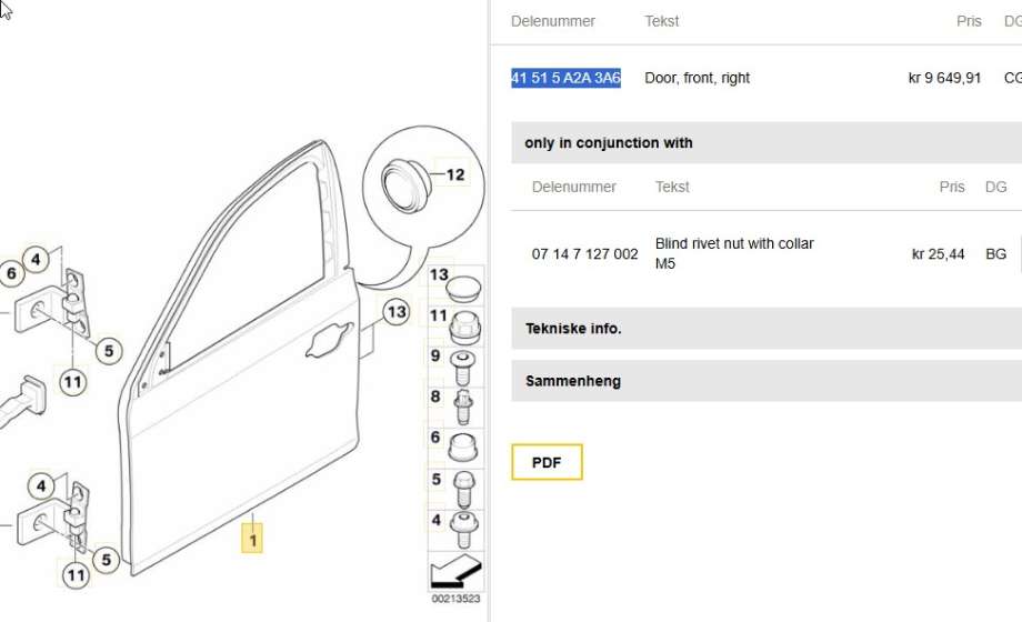 Dør høyre foran til BMW 5-Serie 2003-2010 (E60/E61) (E60/E61) (BMW|41 51 5 A2A 3A6|)