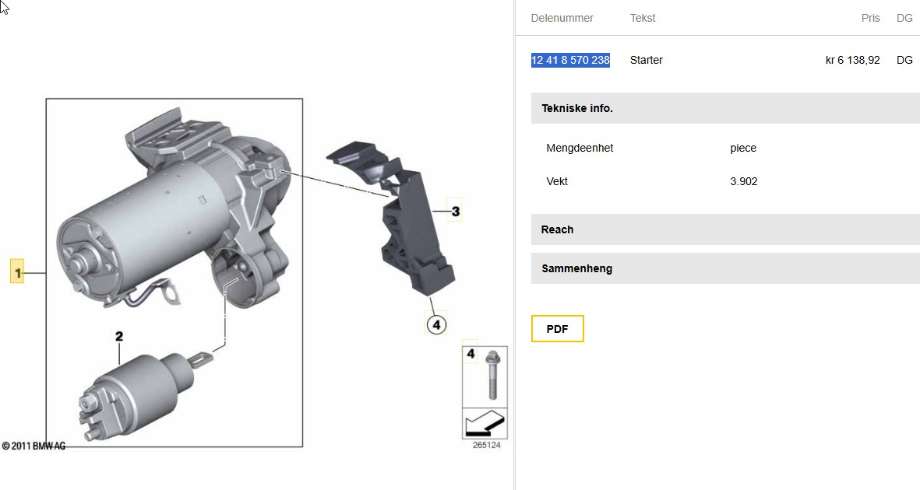 Starter diesel til BMW 5-Serie, 2010-2017 (F10/F11) (F10/F11) (BMW|12 41 8 570 238)