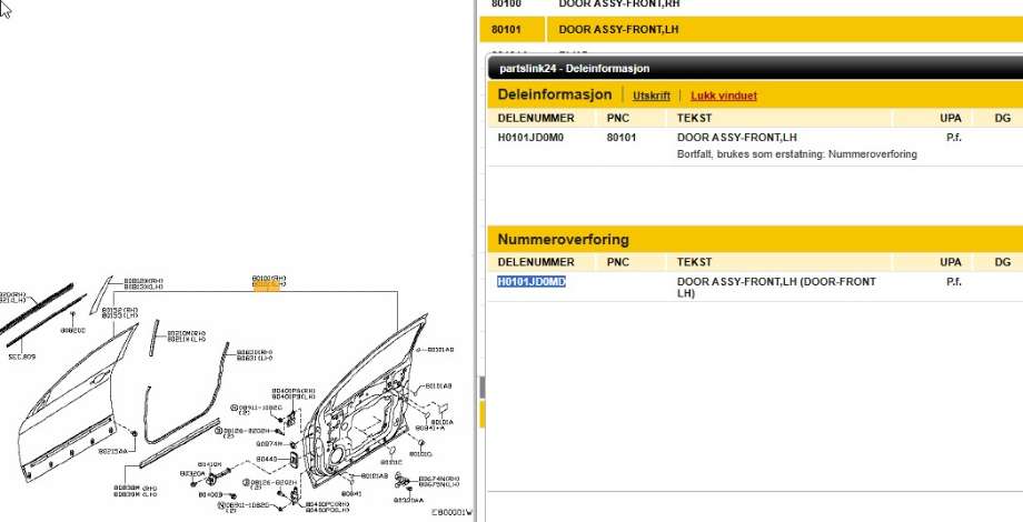 Dør venstre foran til Nissan Qashqai 2007-2010 (Type I, Fase 1)  (NISSAN|H0101JD0M0|H0101JD0MD|)