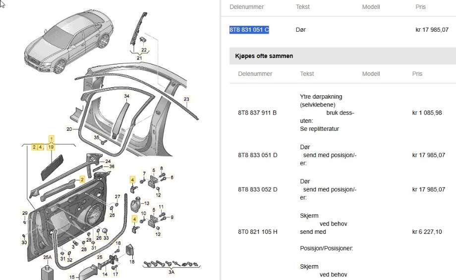 Dør venstre foran til Audi A5 2007-2016 (Type I)  (AUDI|8T8 831 051 C|)