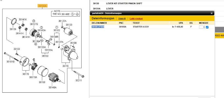 Starter diesel til Hyundai Ix35, 2010-2015  (HYUNDAI|36100 2F050)