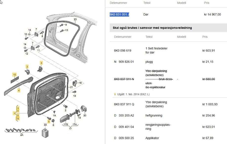 Dør venstre foran til Audi A4 2007-2014 (Type IV) (B8) (B8) (AUDI|8K0 831 051 J|)