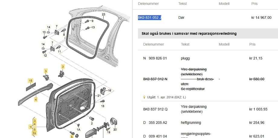 Dør høyre foran til Audi A4 2007-2014 (Type IV) (B8) (B8) (AUDI|8K0 831 052 J|)