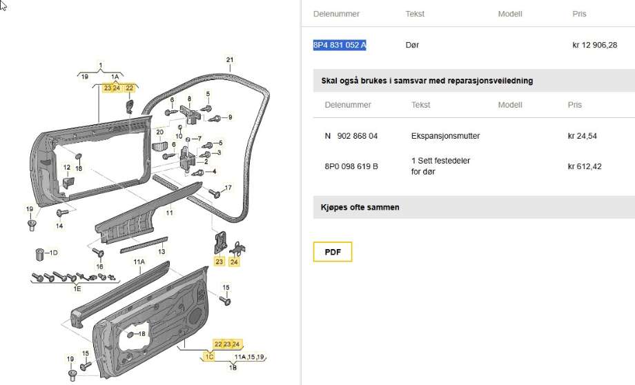 Dør høyre foran til Audi A3 2009-2012 (Type II, Fase 2) (AUDI|8P4 831 052 A|)