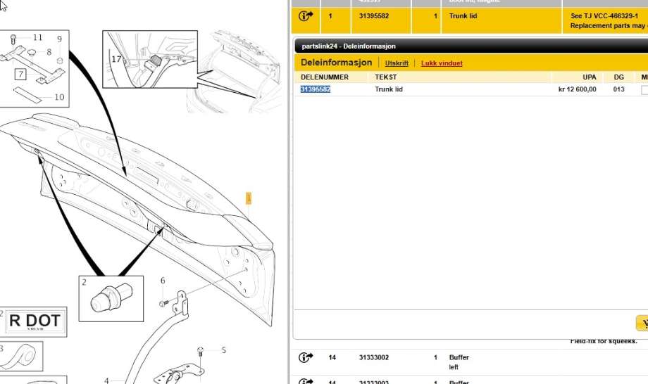Bakluke sedan til Volvo S60 2014-2019 (Type II, Fase 2)  (VOLVO|31395582|)