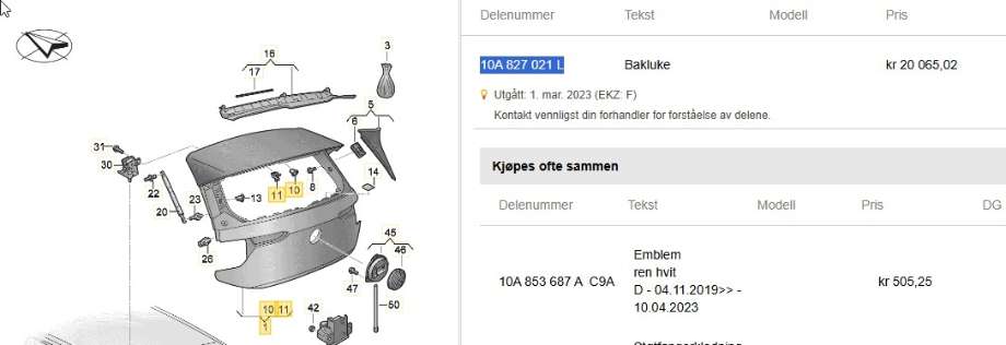 Bakluke combi til VW ID.3, 2020-->>  (VOLKSWAGEN|10A 827 021 L)