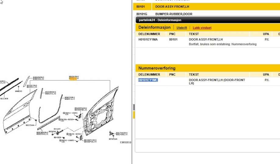 Dør venstre foran til Nissan Qashqai 2007-2010 (Type I, Fase 1) (NISSAN|H0101EY1MA|H0101EY1MC|)