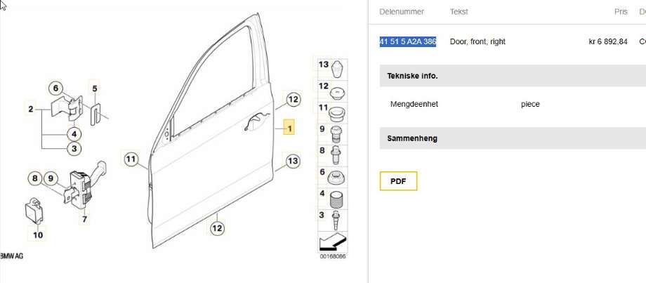 Dør høyre foran til BMW 3-Serie 2005-2011 (E90/E91/E92/E93) (E90/E91/E92/E93) (BMW|41 51 5 A2A 386|)