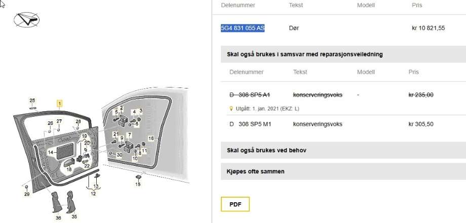 Dør venstre foran til VW e-Golf 2014-2017 (Fase 1) (VOLKSWAGEN|5G4 831 055 AS|)