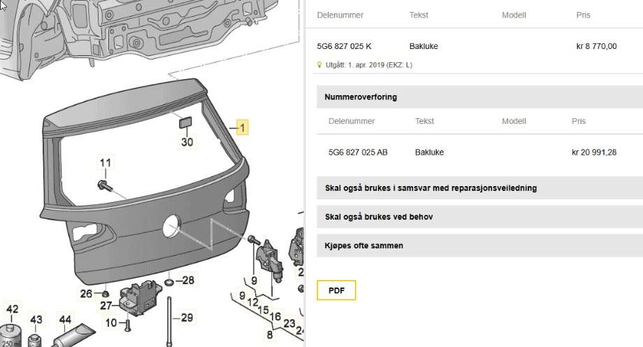 Bakluke combi til VW e-Golf 2014-2017 (Fase 1)  (VOLKSWAGEN|5G6 827 025 K|5G6 827 025 AB|)