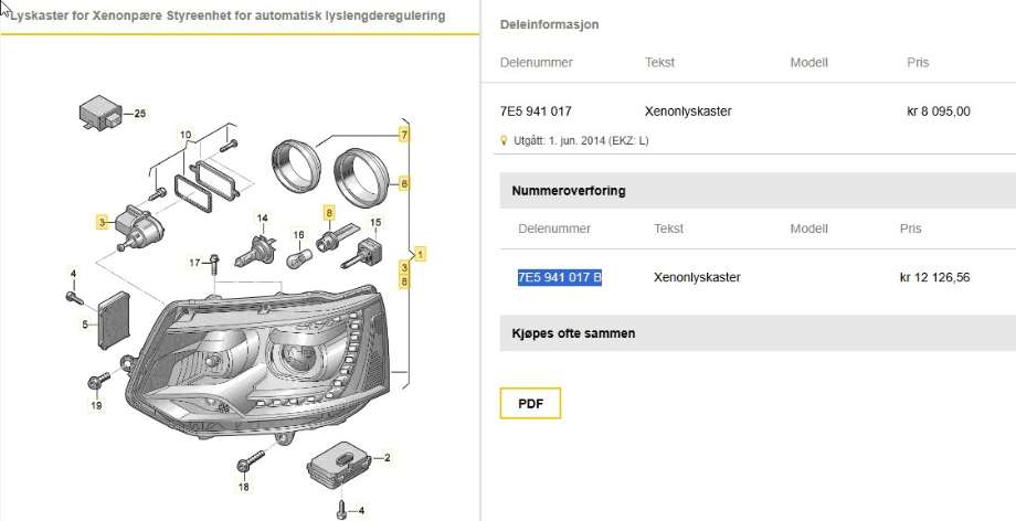 Frontlykt venstre xenon til VW Transporter / Caravelle 2009-2015 (Fase 2) (T5) (T5) (VOLKSWAGEN|7E5 941 017|7E5 941 017 B|7JE594101511S)