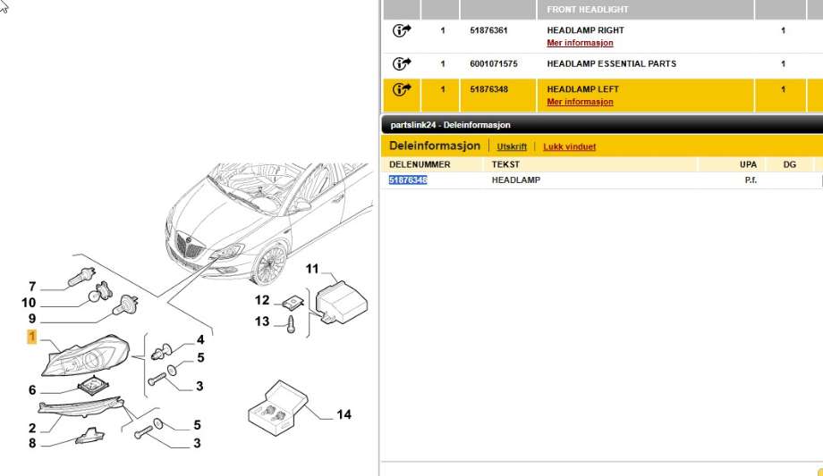 Frontlykt venstre halogen til Lancia Delta 2008-2015 (LANCIA|51876348|)