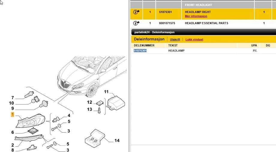 Frontlykt høyre halogen til Lancia Delta 2008-2015  (LANCIA|51876361|)