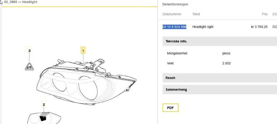Frontlykt høyre halogen til BMW 1-Serie 2004-2011 (E81/E82/E87/E88) (E81/E82/E87/E88) (BMW|63 12 6 924 486|)