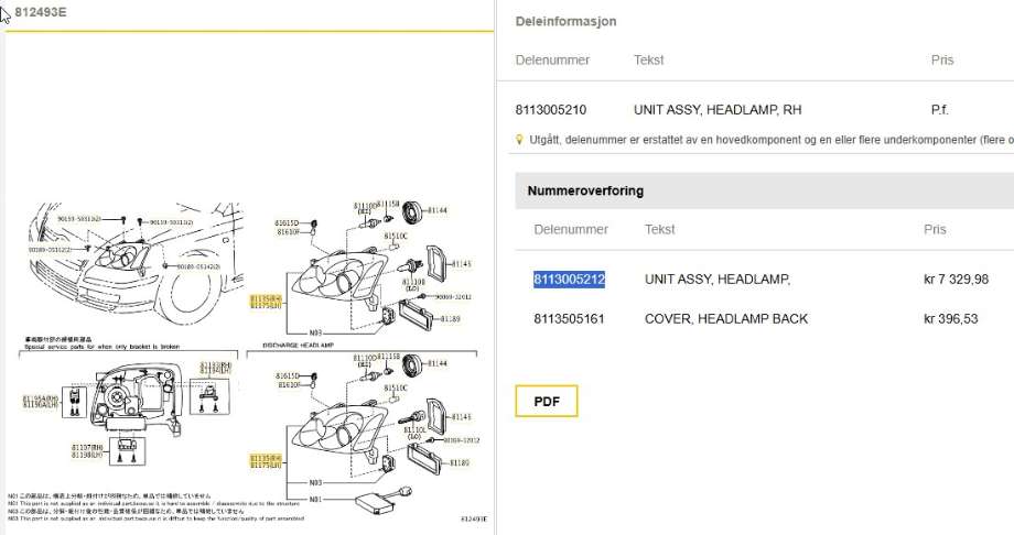Frontlykt høyre halogen til Toyota Avensis 2003-2008 (Type II)  (TOYOTA|8113005210|8113005212|)