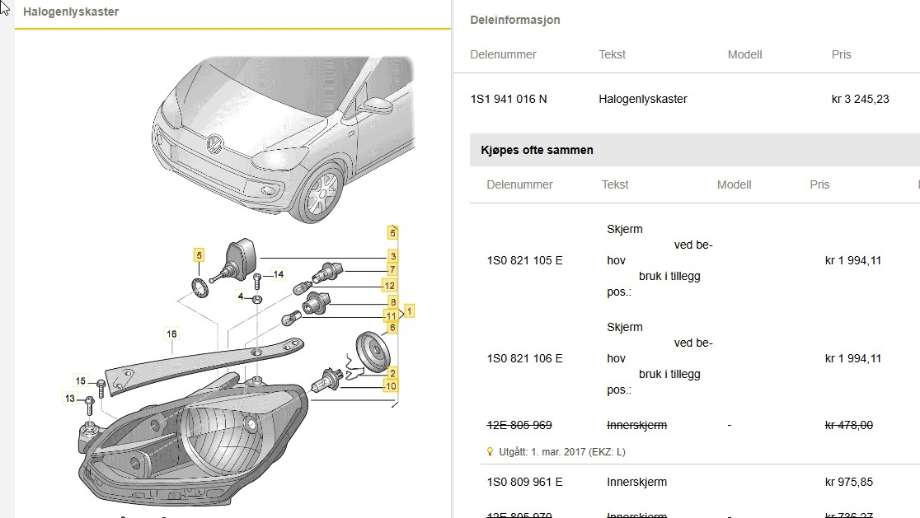 Frontlykt venstre halogen til VW E-Up 2013-2019  (VOLKSWAGEN|1S1 941 015 N|)