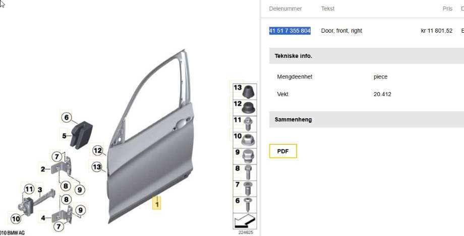 Dør høyre foran til BMW X3 2010-2017 (F25) (F25) (BMW|41 51 7 355 804|)