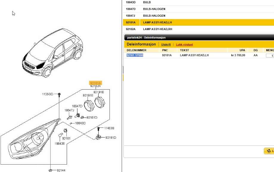 Frontlykt venstre halogen til Kia Venga 2010-2017  (KIA|92101 1P000|)