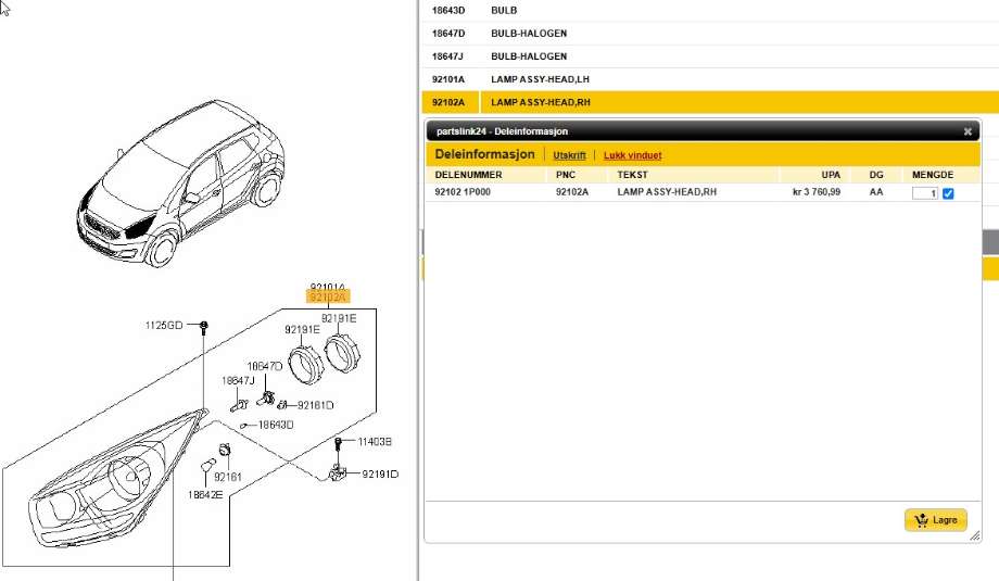 Frontlykt høyre halogen til Kia Venga 2010-2017  (KIA|92102 1P000|)