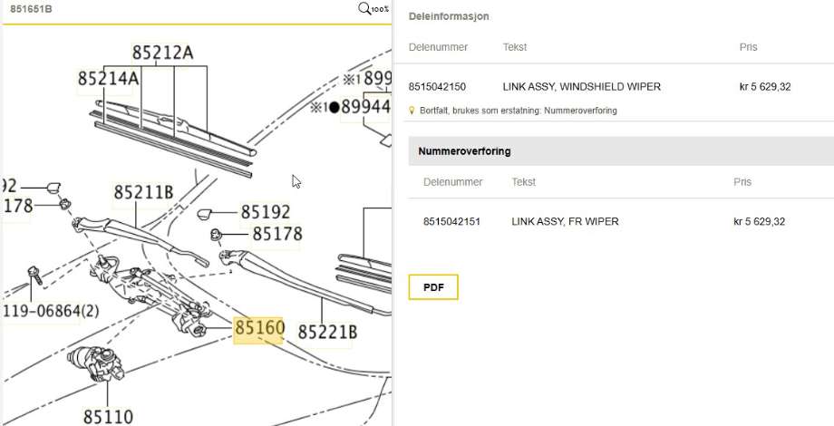 Viskeroverføring til Toyota RAV4, 2009-2013 (Type III, Fase 2)  (TOYOTA|8515042150)