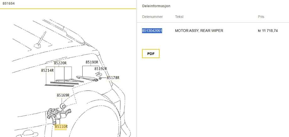 Viskermotor bakrute til Toyota RAV4, 2009-2013 (Type III, Fase 2)  (TOYOTA|8513042061)