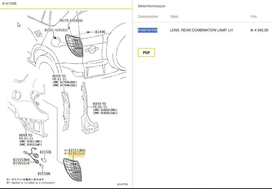 Baklykt venstre til Toyota RAV4 2009-2013 (Type III, Fase 2)  (TOYOTA|8156142120|)