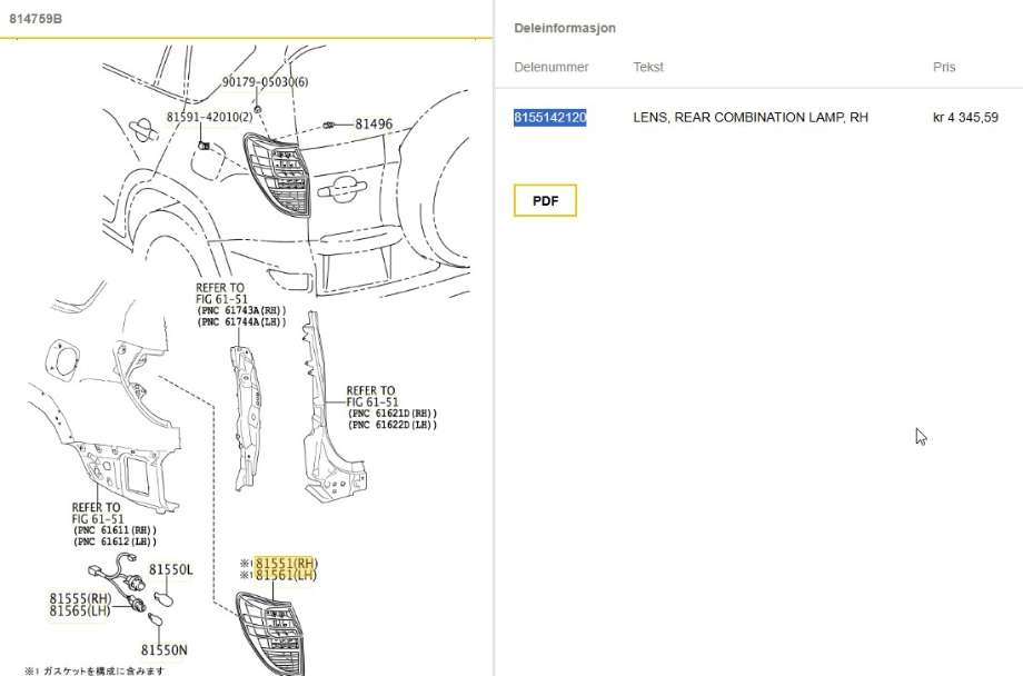 Baklykt høyre til Toyota RAV4 2009-2013 (Type III, Fase 2) (TOYOTA|8155142120|)