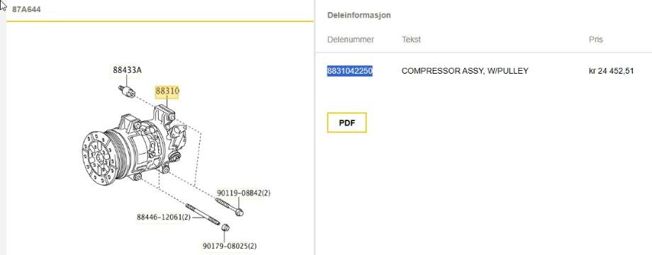 Aircondition kompressor til Toyota RAV4, 2009-2013 (Type III, Fase 2)  (TOYOTA|8831042250)