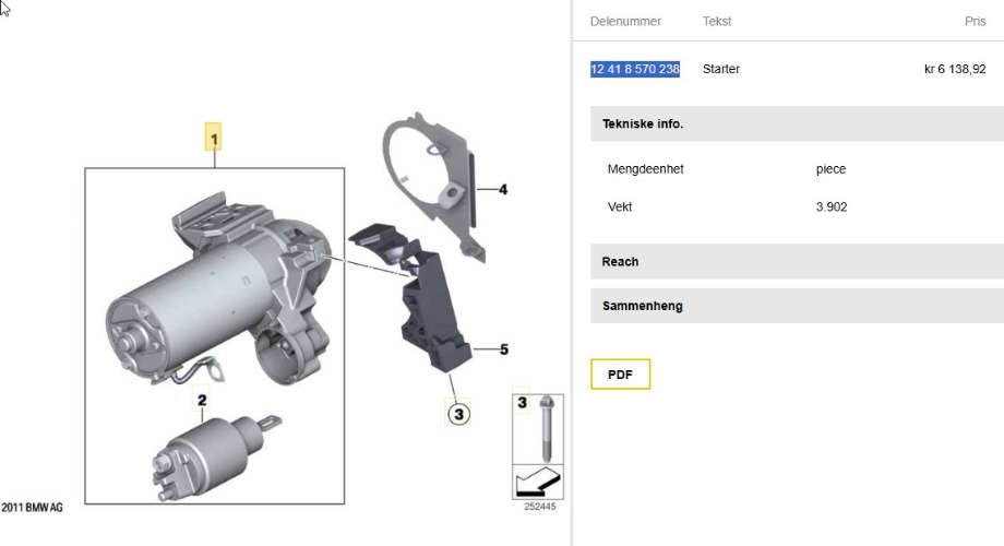 Starter diesel til BMW X3, 2007-2010 (Fase 2) (E83) (E83) (BMW|12418570238)